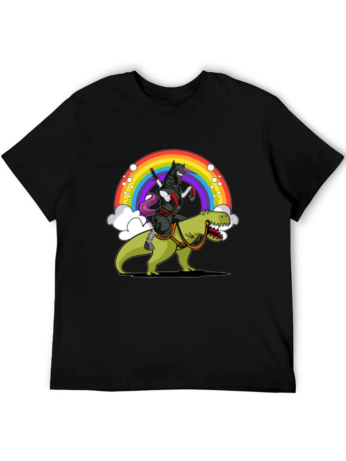 Black Ninja Unicorn Riding Dinosaur Rainbow T-Shirt view 5