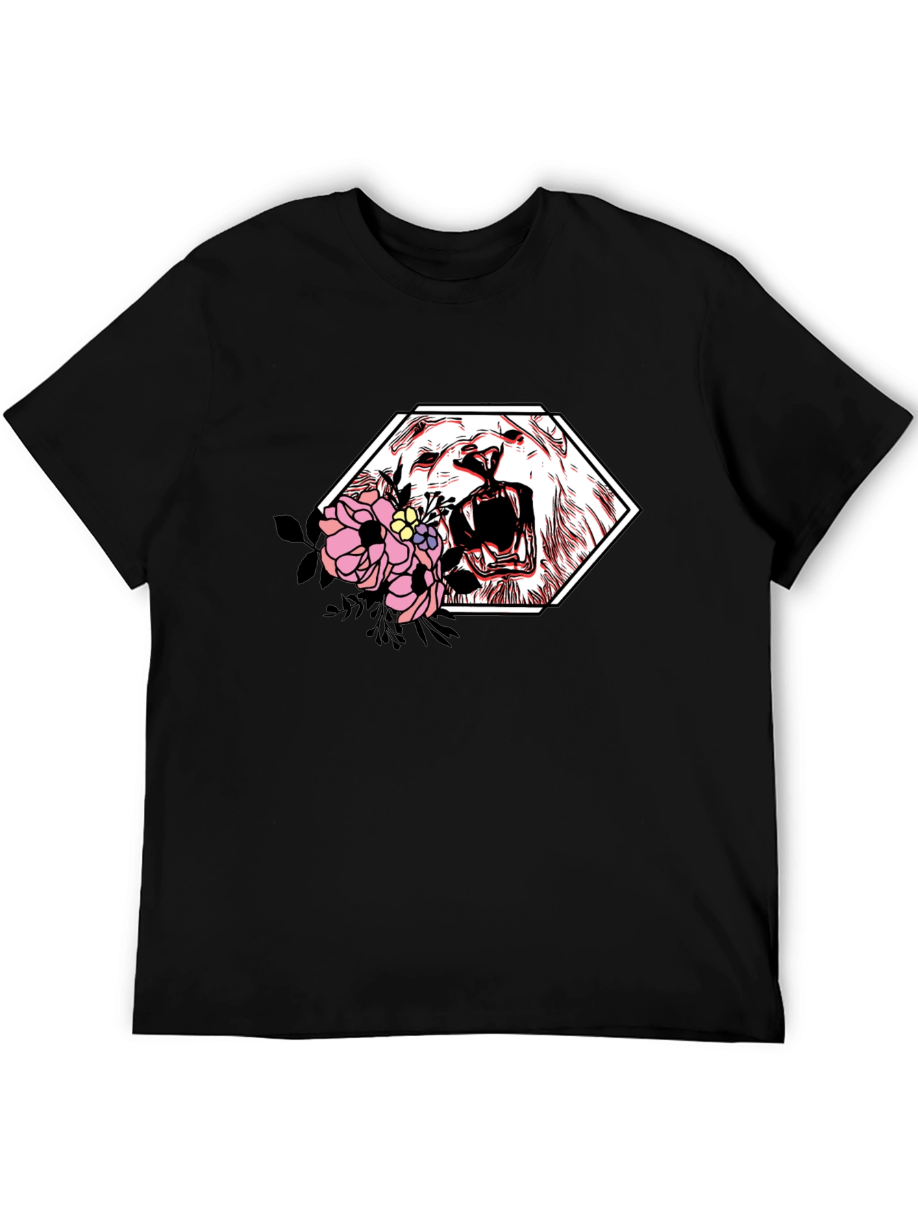 Black Floral Lion Graphic Tee - Modern Streetwear Style view 5
