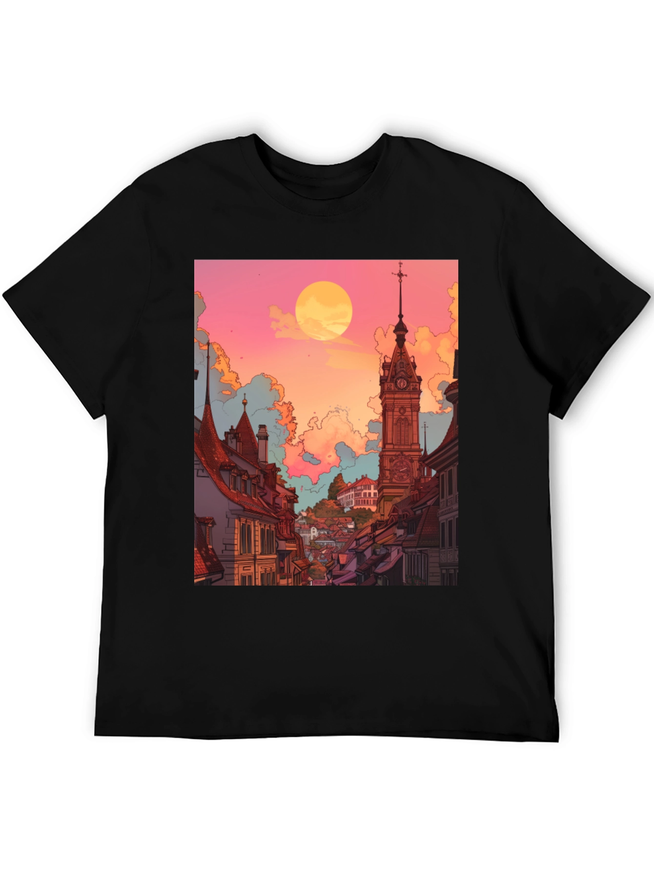 Black Retro Cityscape Graphic Tee - Unisex Black T-Shirt view 5