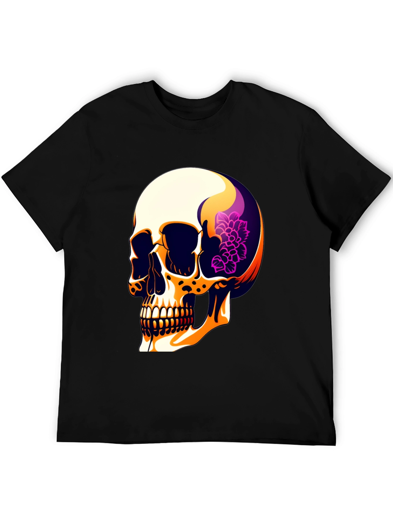 Black Skull & Floral Graphic Print Men's T-Shirt view 5