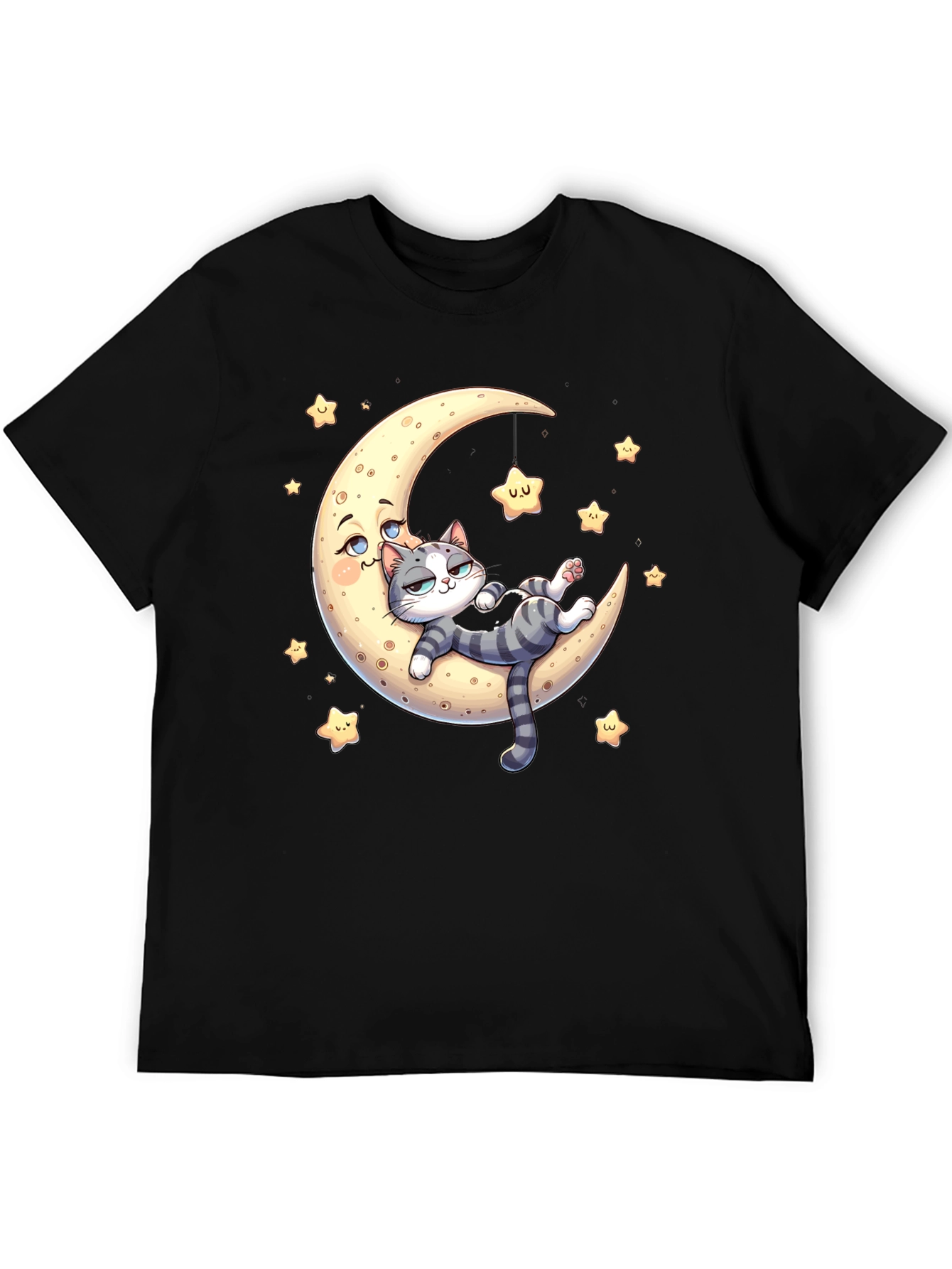 Black Cute Cat Moon Graphic T-Shirt view 5