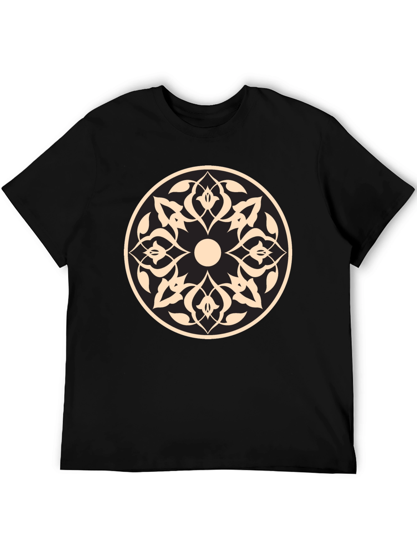 Black Black T-Shirt with Beige Geometric Mandala Design view 5