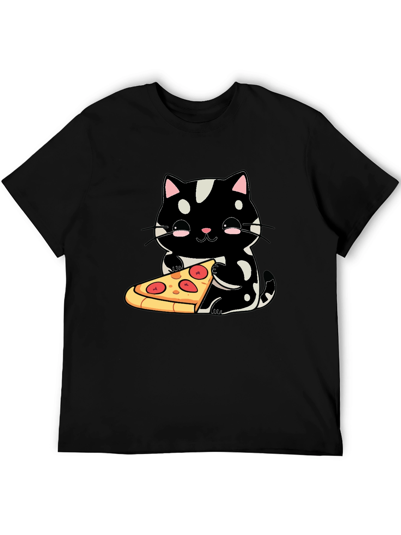 Black Cute Cat Pizza Graphic Tee - Black Cotton T-Shirt view 5