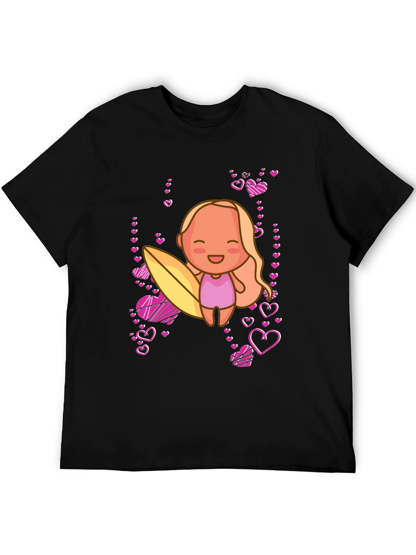 Black Cute Surfer Girl with Hearts Black T-Shirt view 5