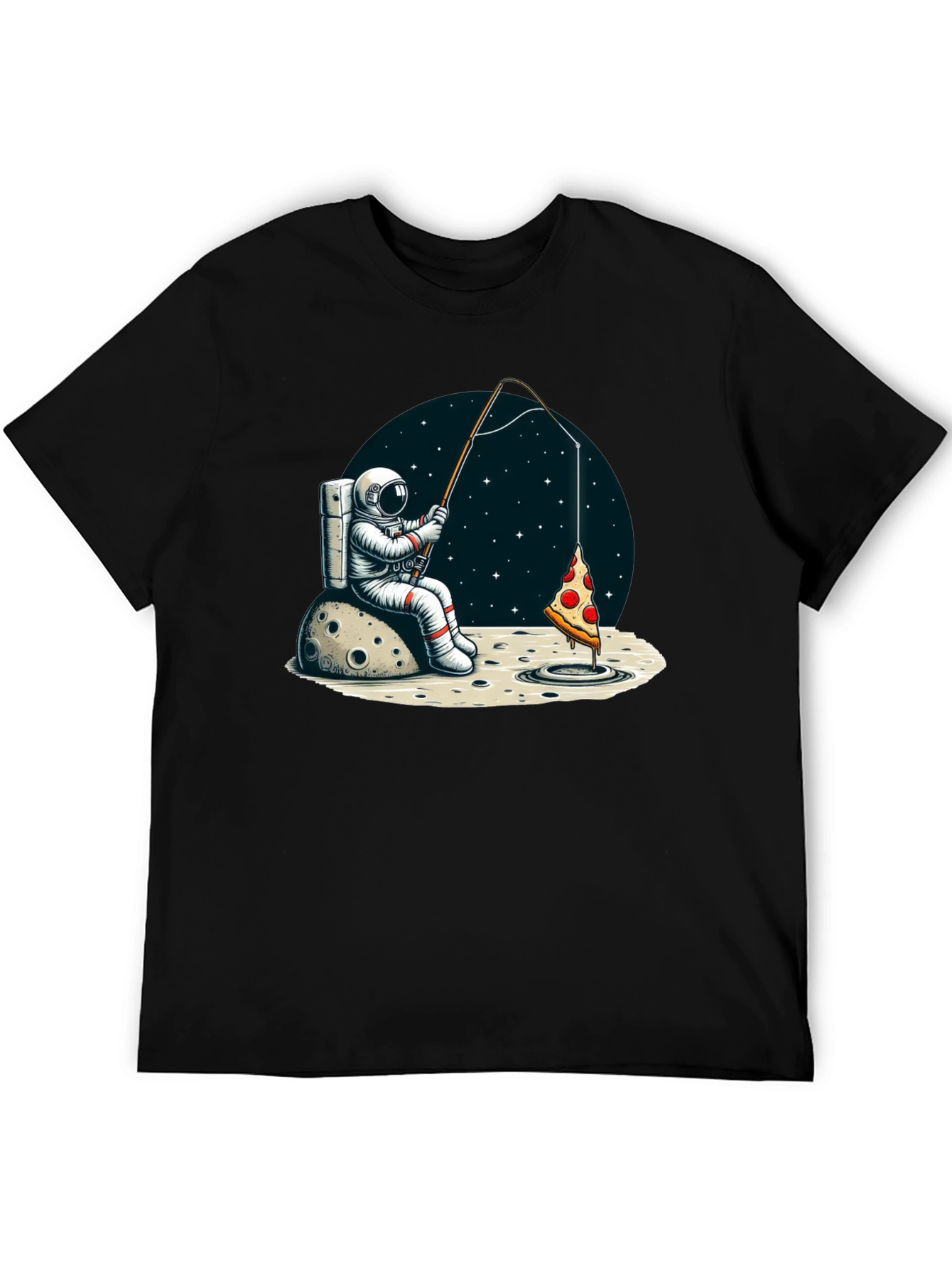 Black Astronaut Fishing for Pizza T-Shirt view 5