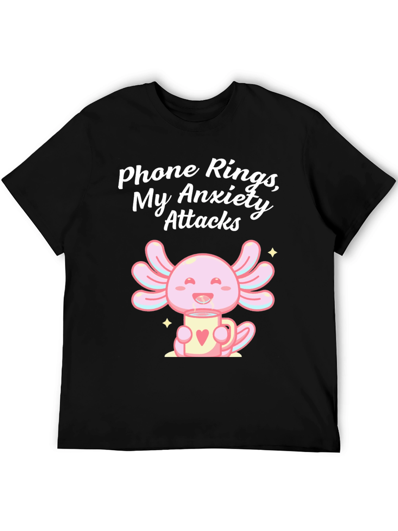 Black Anxiety Axolotl T-Shirt - Phone Rings, My Anxiety Attacks view 5