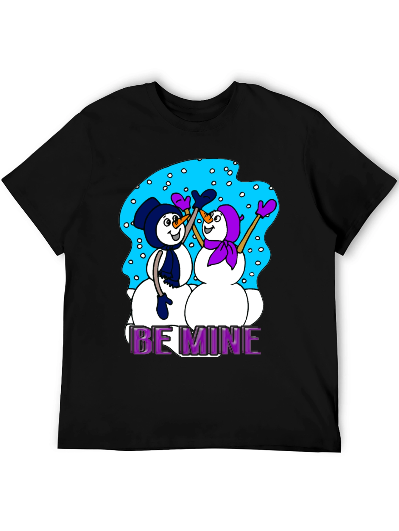 Black Snowman T-Shirt: "Be Mine" Valentine's Day Black Tee view 5