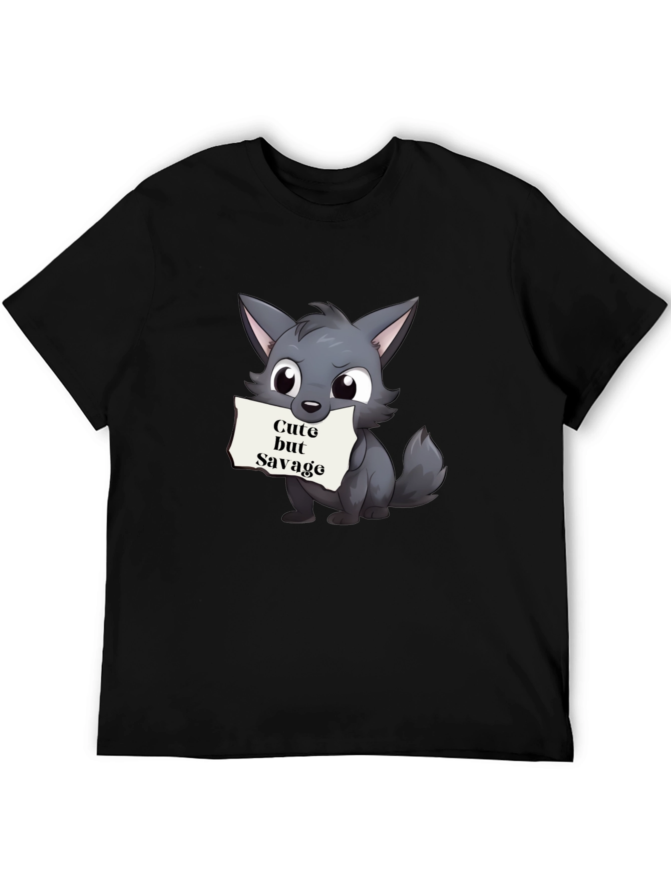 Black Cute but Savage Cartoon Wolf Black T-Shirt view 5