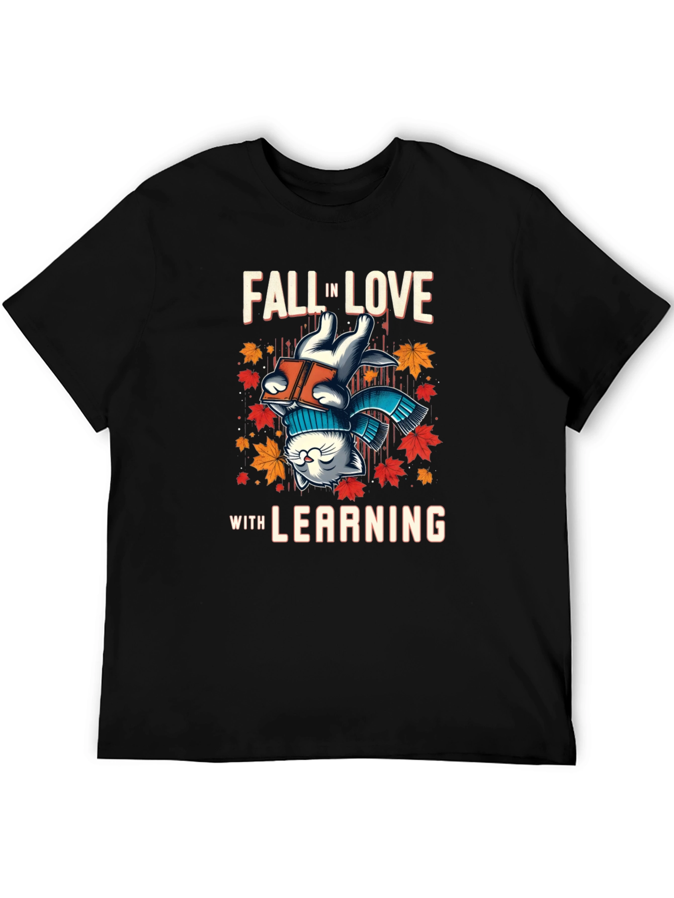 Black Fall in Love with Learning Cat T-Shirt view 5
