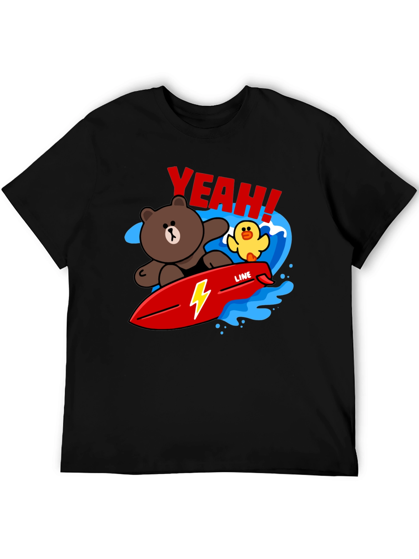 Black Cartoon Bear Surfing Graphic T-Shirt view 5