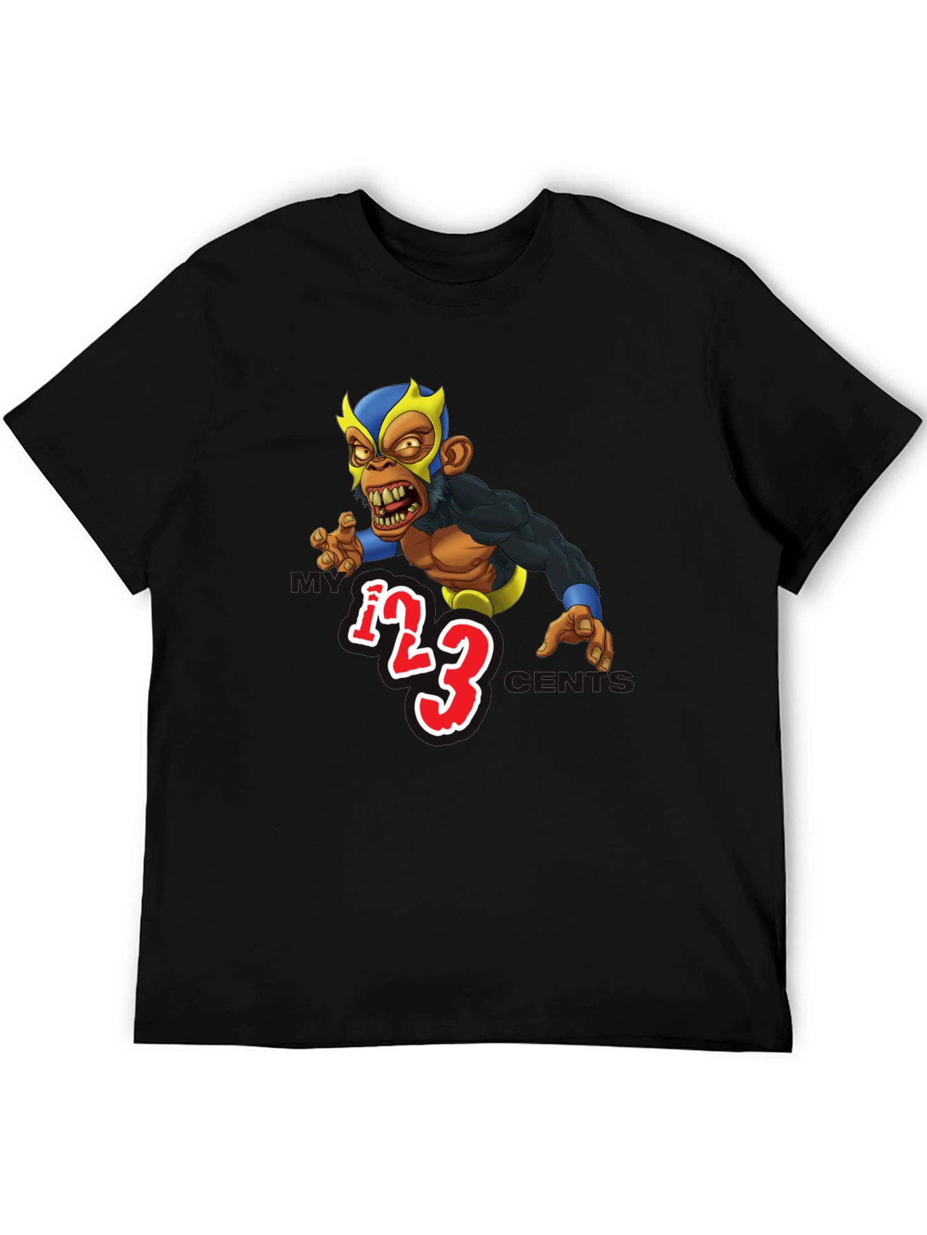 Black Wrestling Monkey Cartoon Graphic Black T-Shirt view 5