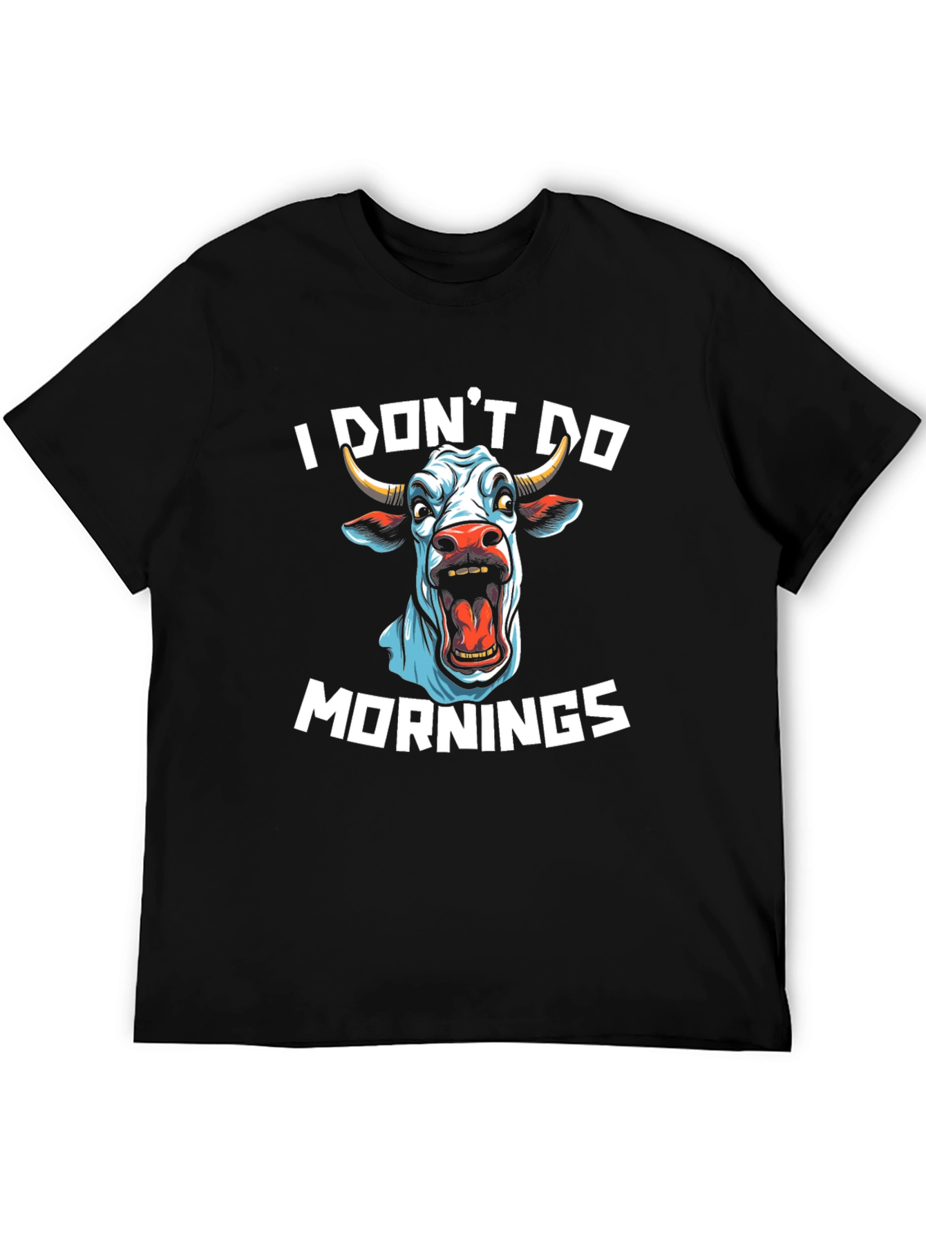 Black Funny I Don't Do Mornings Cow Graphic Black T-Shirt view 5