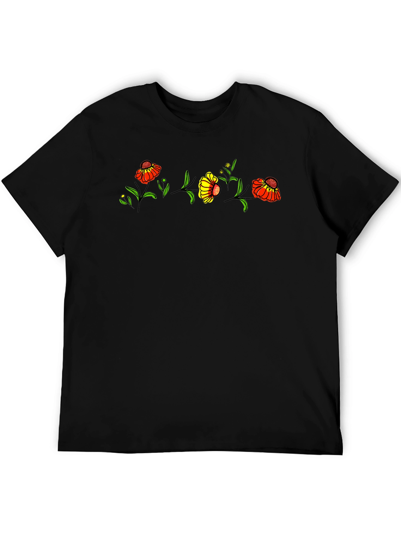 Black Floral Print Men's Black T-Shirt view 5