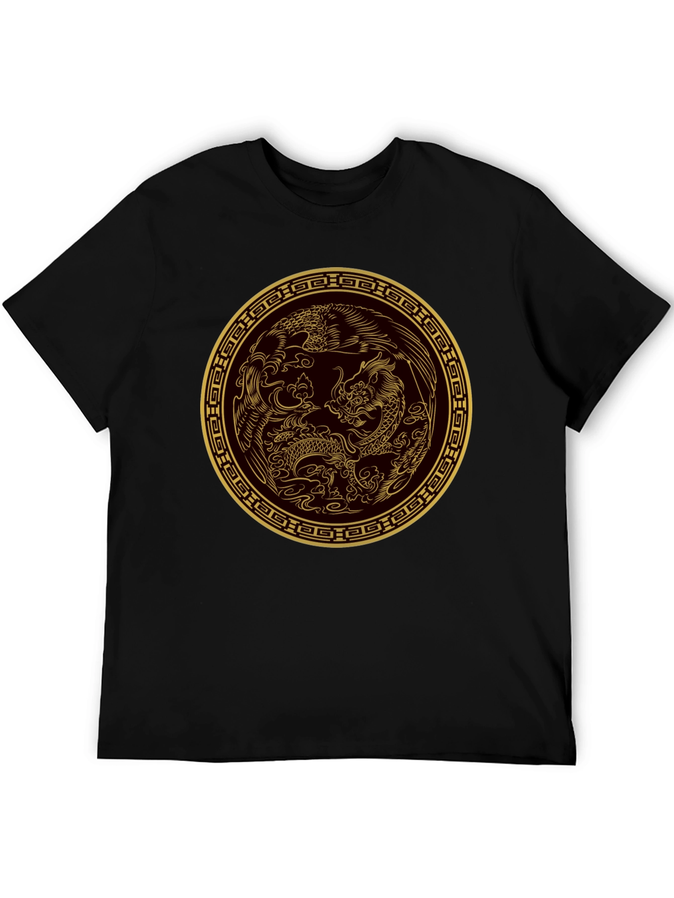 Black Dragon and Phoenix Gold Print Black T-Shirt view 5
