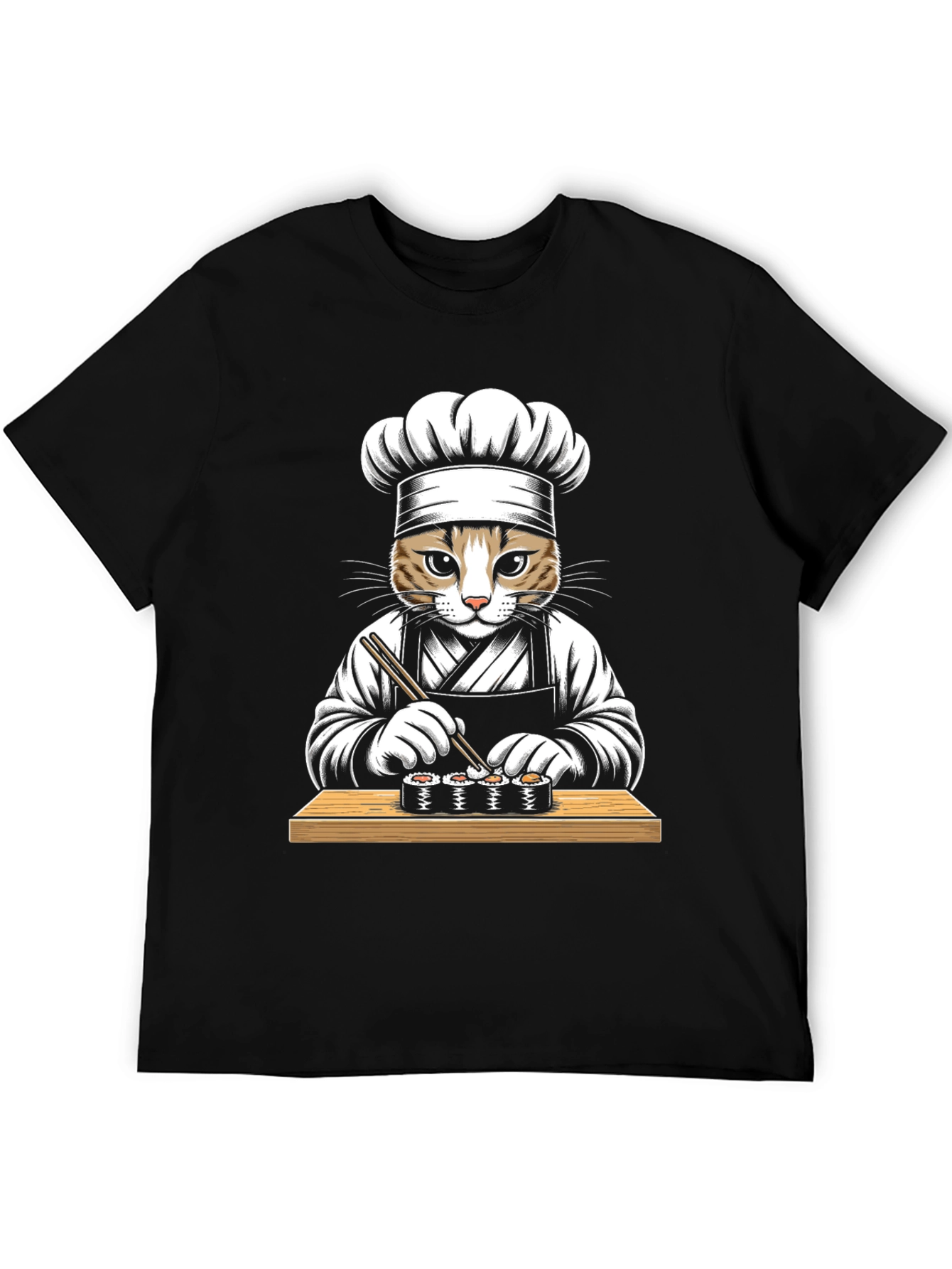 Black Cat Sushi Chef Graphic Tee - Unisex Black T-Shirt view 5