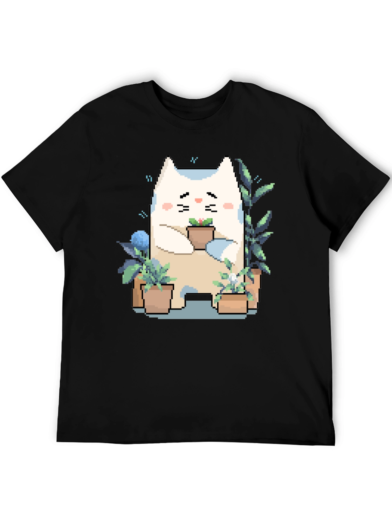 Black Cute Pixel Cat with Plants Black T-Shirt view 5