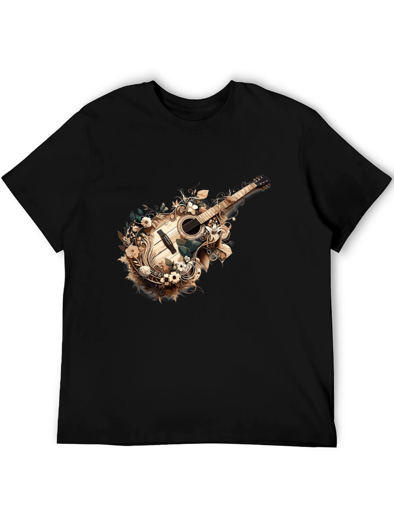 Black Floral Guitar Graphic Tee - Stylish Black T-Shirt view 5
