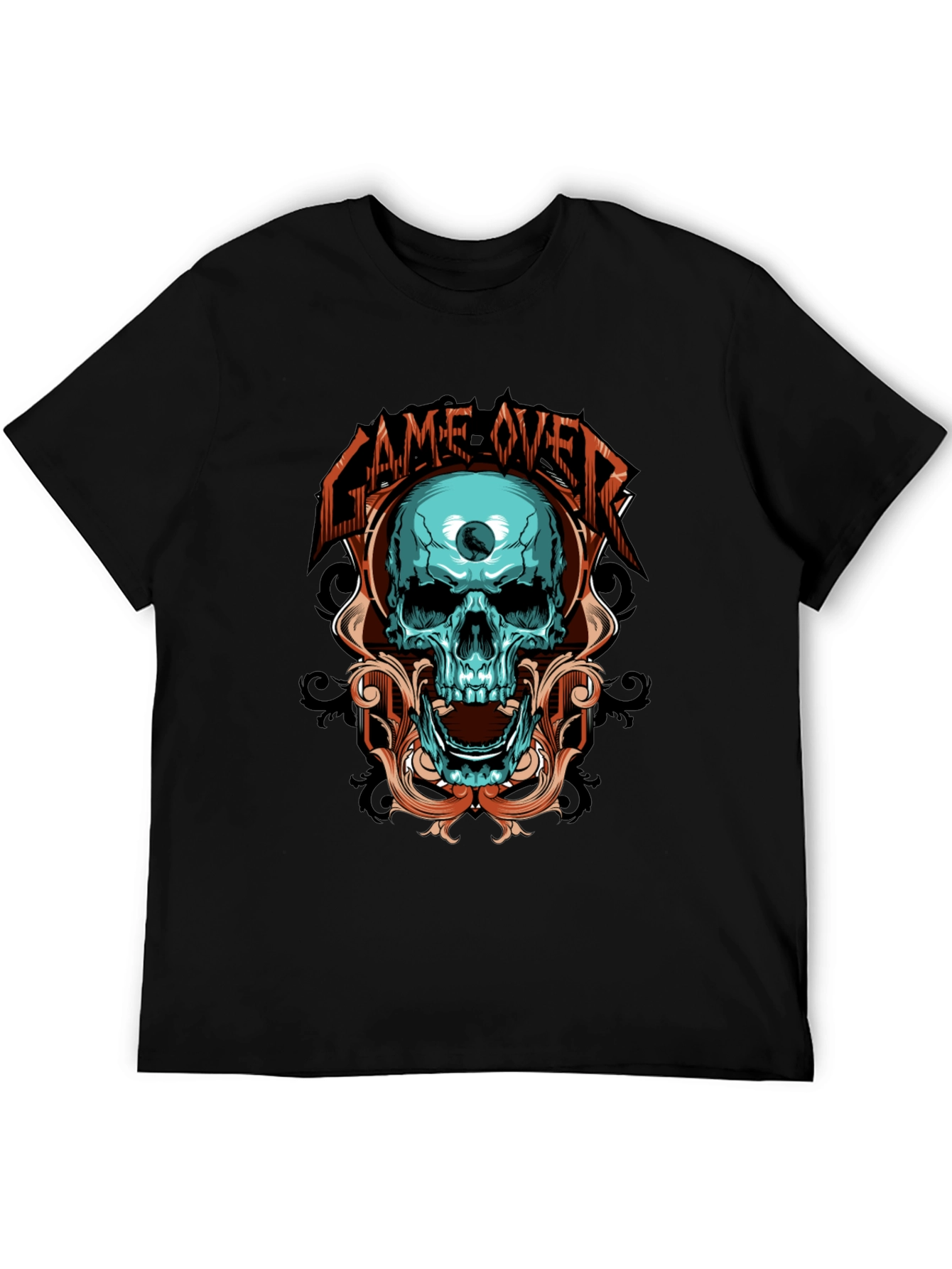 Black Game Over Skull Graphic Black T-Shirt view 5