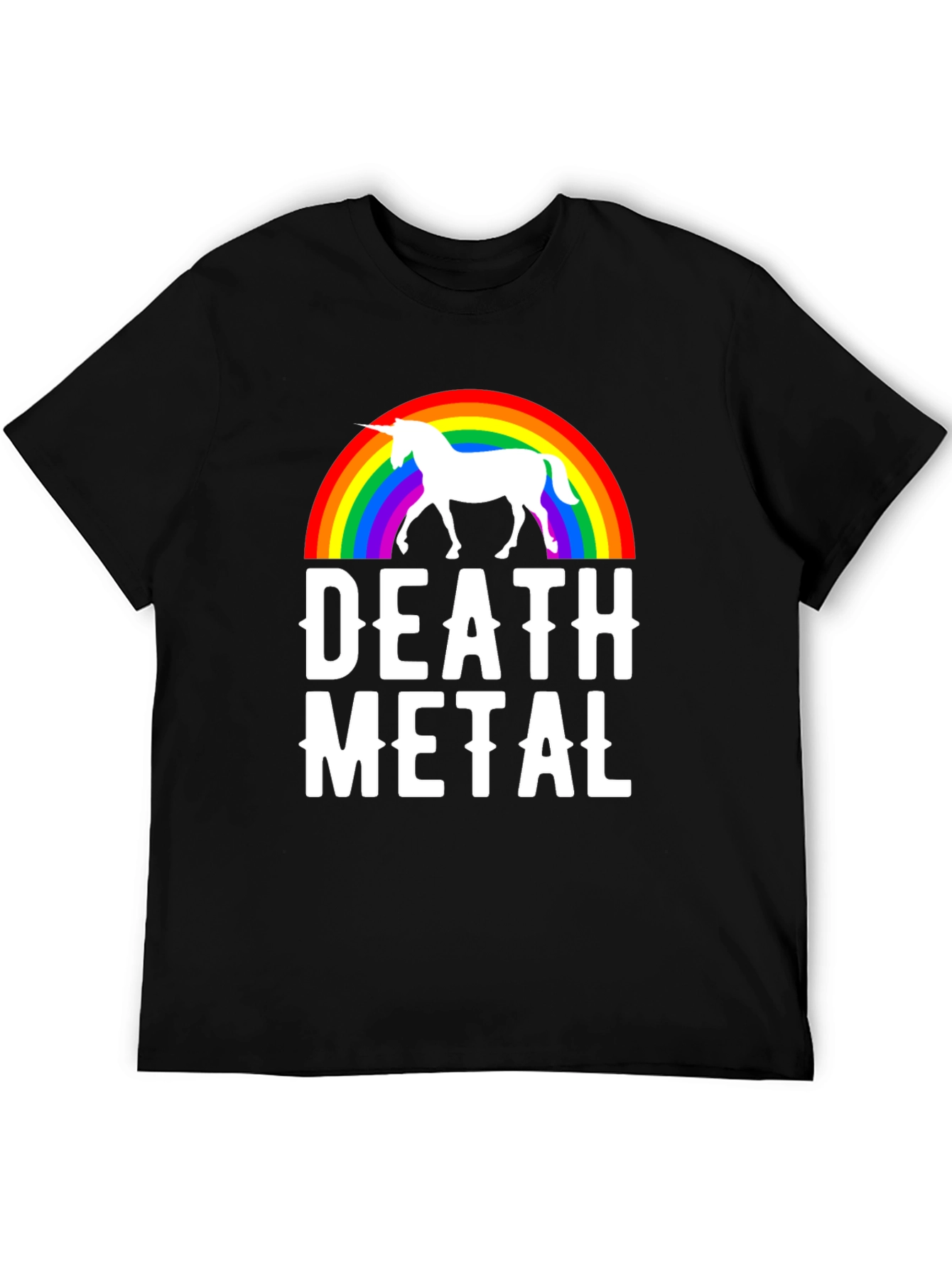 Black Death Metal Unicorn Rainbow T-Shirt - Black Cotton Tee view 5
