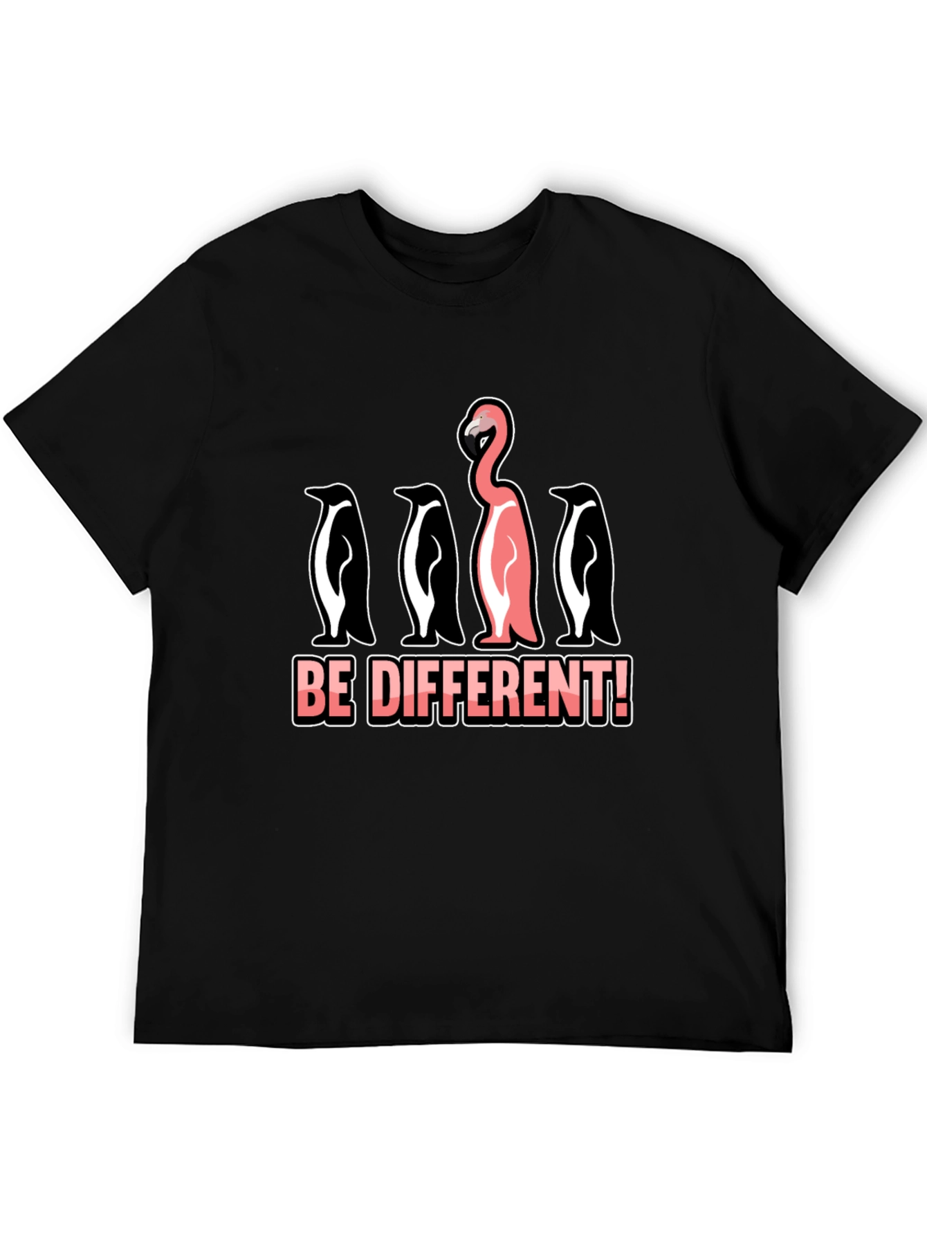 Black Be Different T-Shirt Flamingo Penguin Graphic Novelty Tee view 5