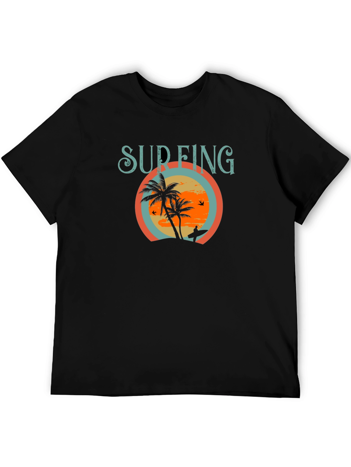 Black Surfing Palm Tree Graphic Tee - Black Cotton T-Shirt view 5