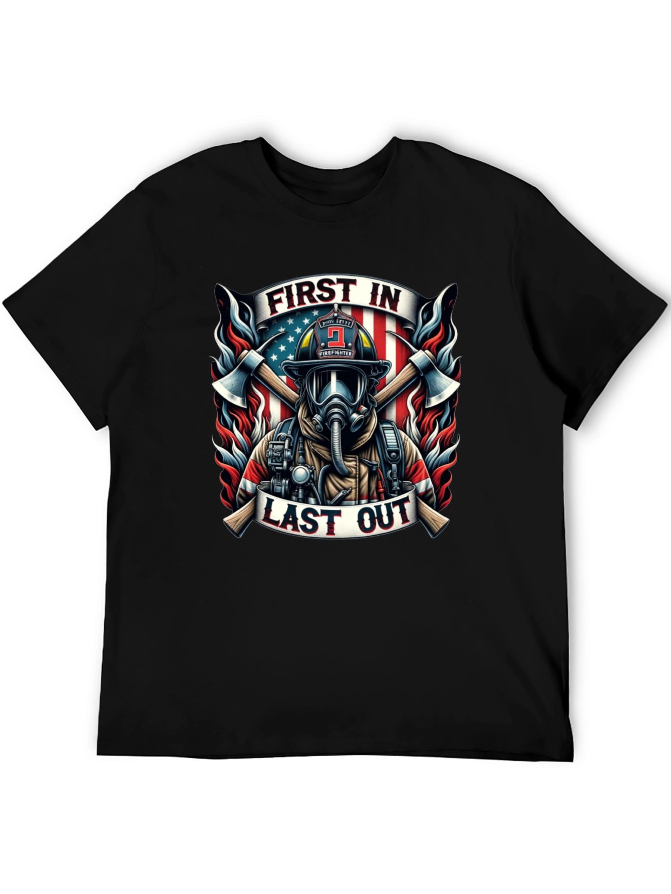 Black First In Last Out Firefighter Graphic Tee view 5