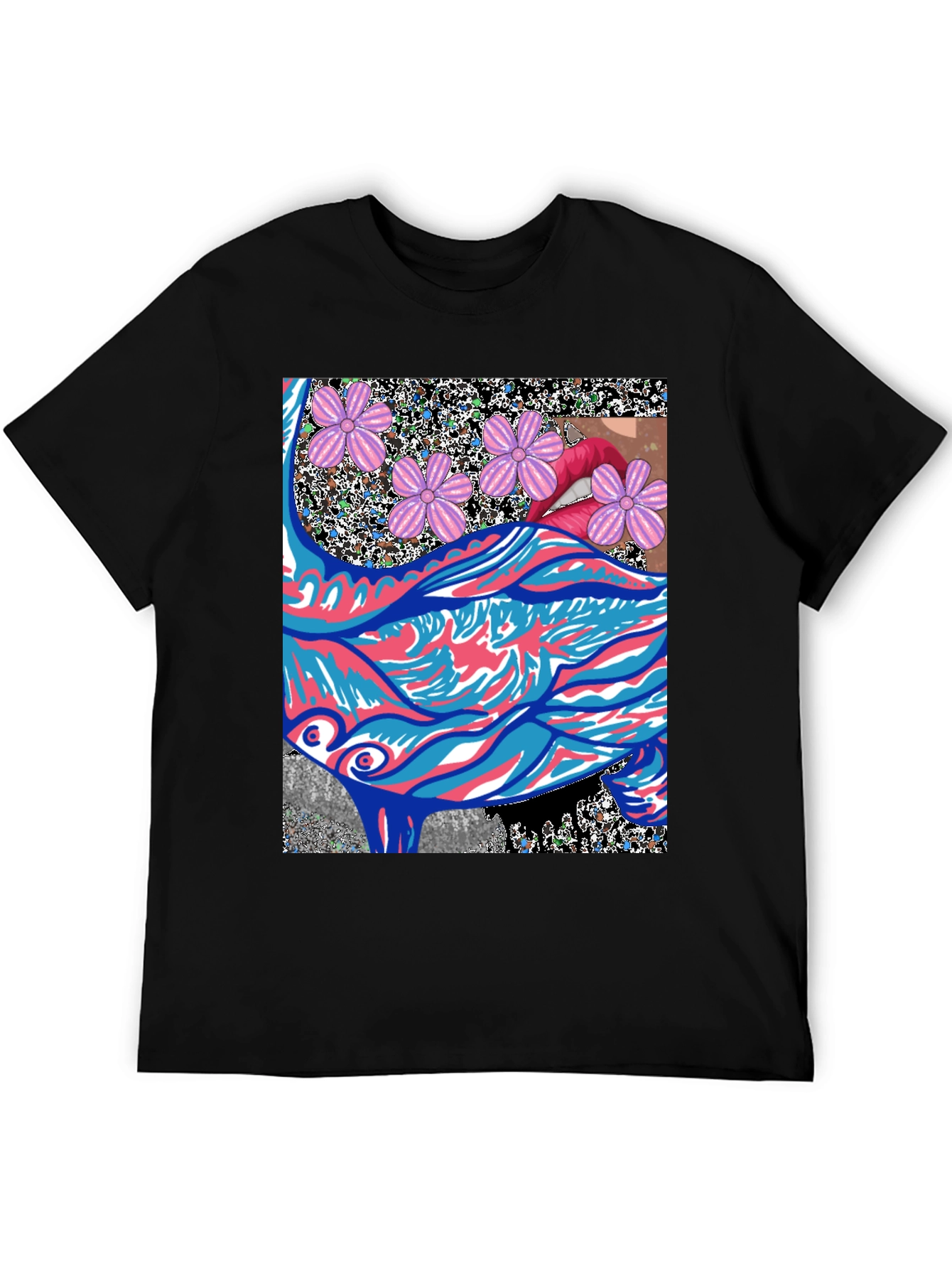Black Abstract Floral Lips Graphic Tee - Men's Black T-Shirt view 5