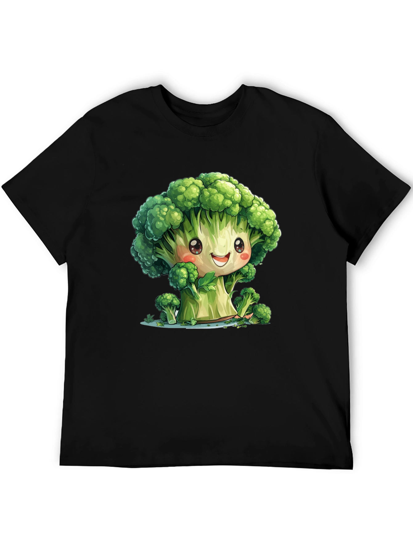 Black Cute Broccoli Cartoon Black T-Shirt view 5