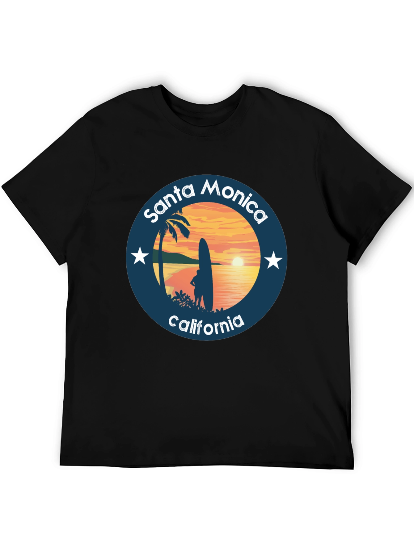 Black Santa Monica California T-Shirt Surfer Design view 5