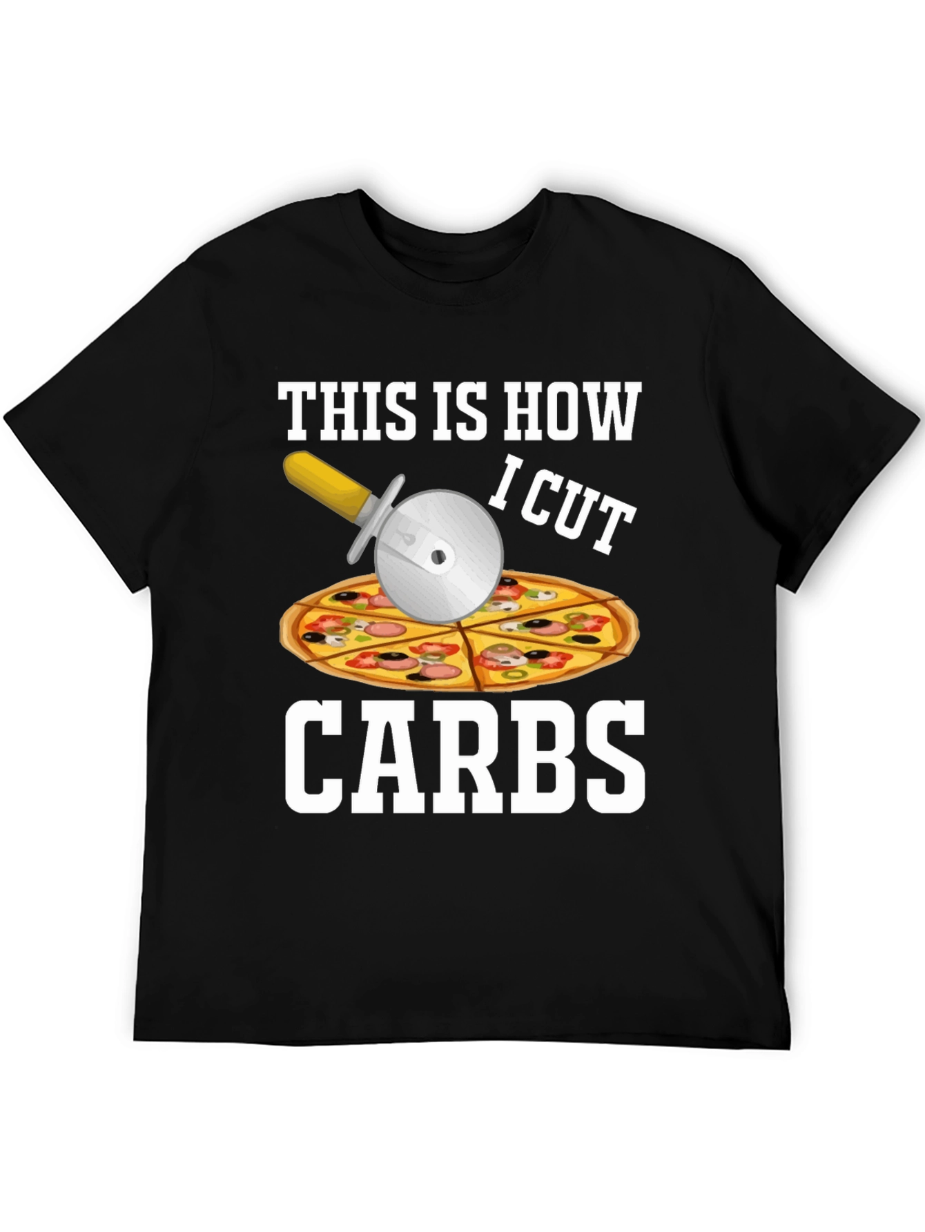 Black Funny Pizza Cutter "Carbs" T-Shirt view 5