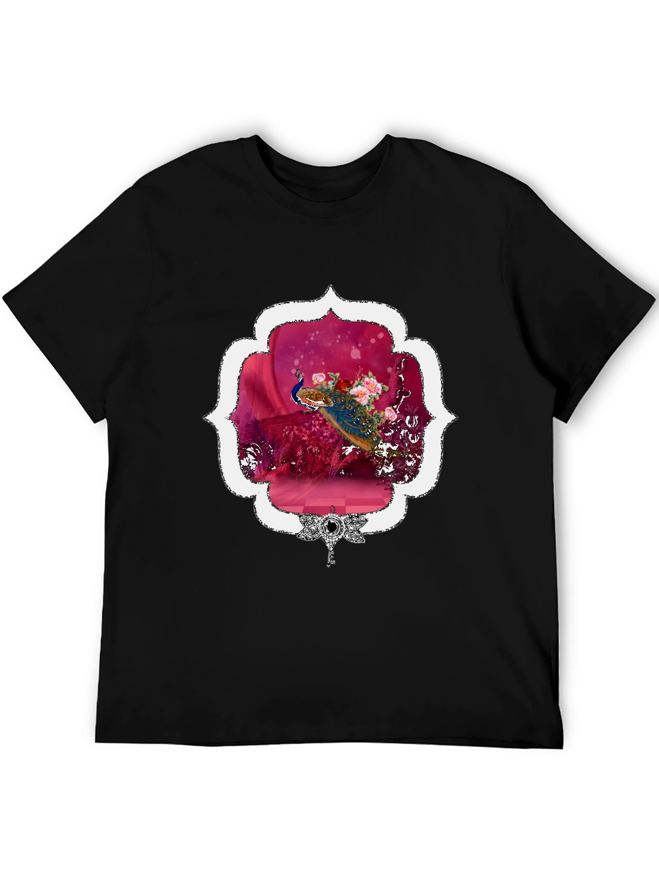 Black Floral Peacock Graphic Tee - Stylish & Unique view 5