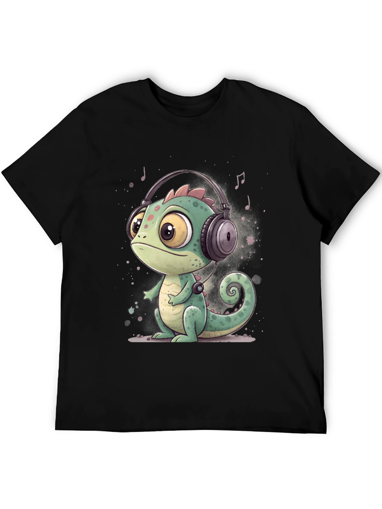 Black Cartoon Chameleon T-Shirt with Headphones view 5