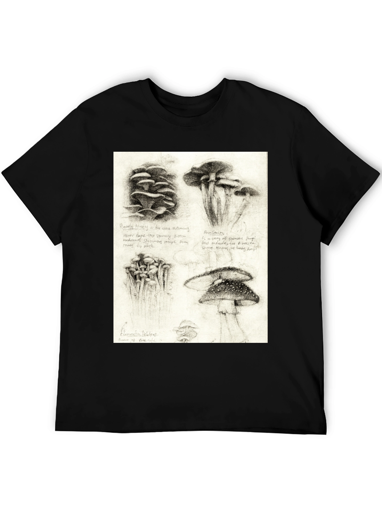 Black Mushroom Sketch Art T-Shirt - Nature Inspired Tee view 5