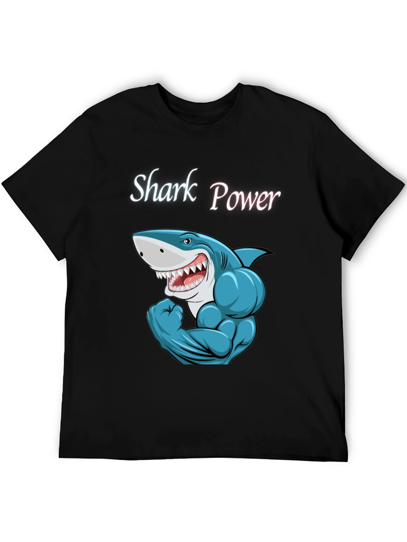 Black Shark Power Black T-Shirt - Muscular Cartoon Shark Design view 5
