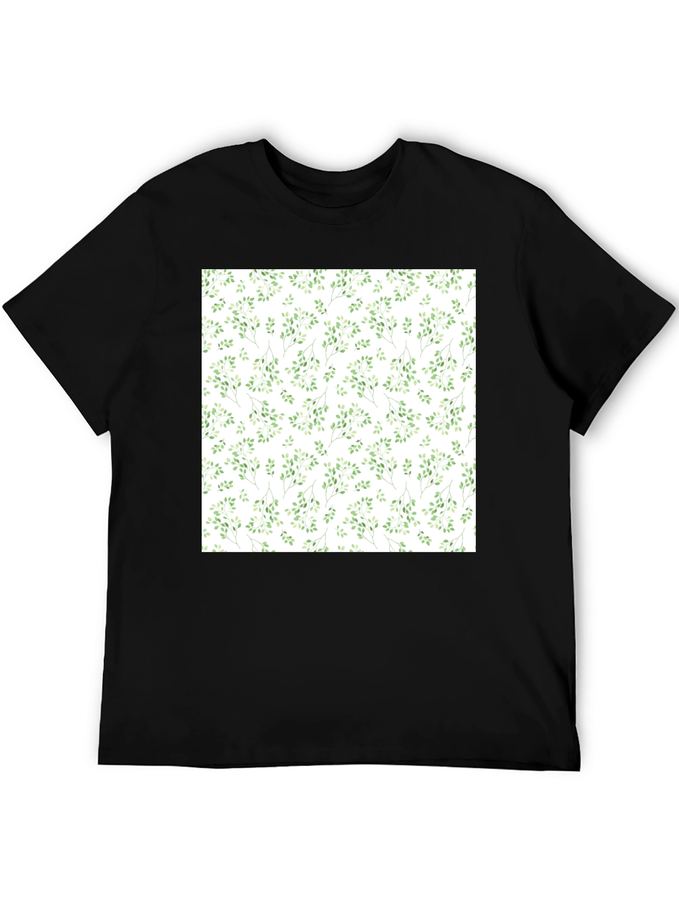 Black Green Leaves Patterned Black T-Shirt view 5