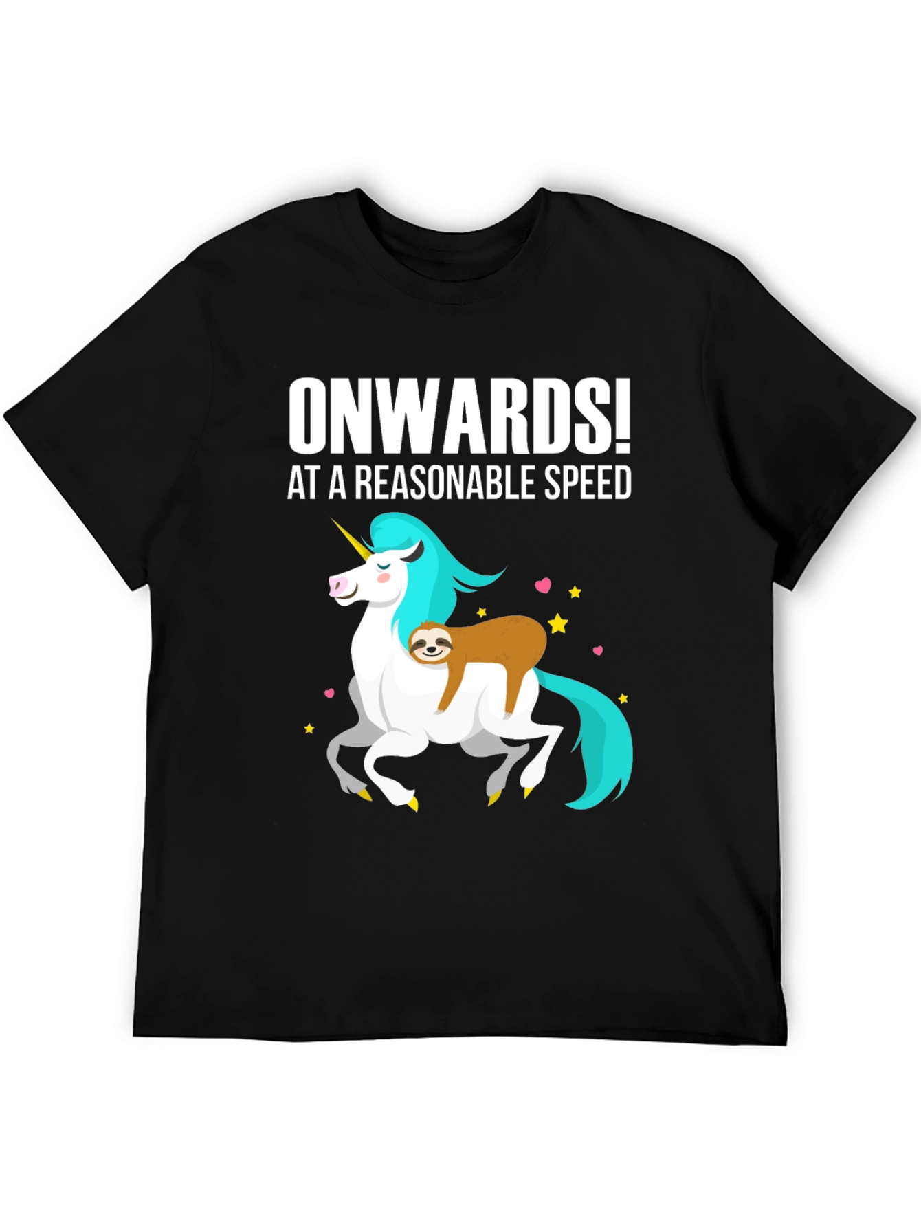 Black Onwards! Sloth Riding Unicorn Graphic Tee view 5