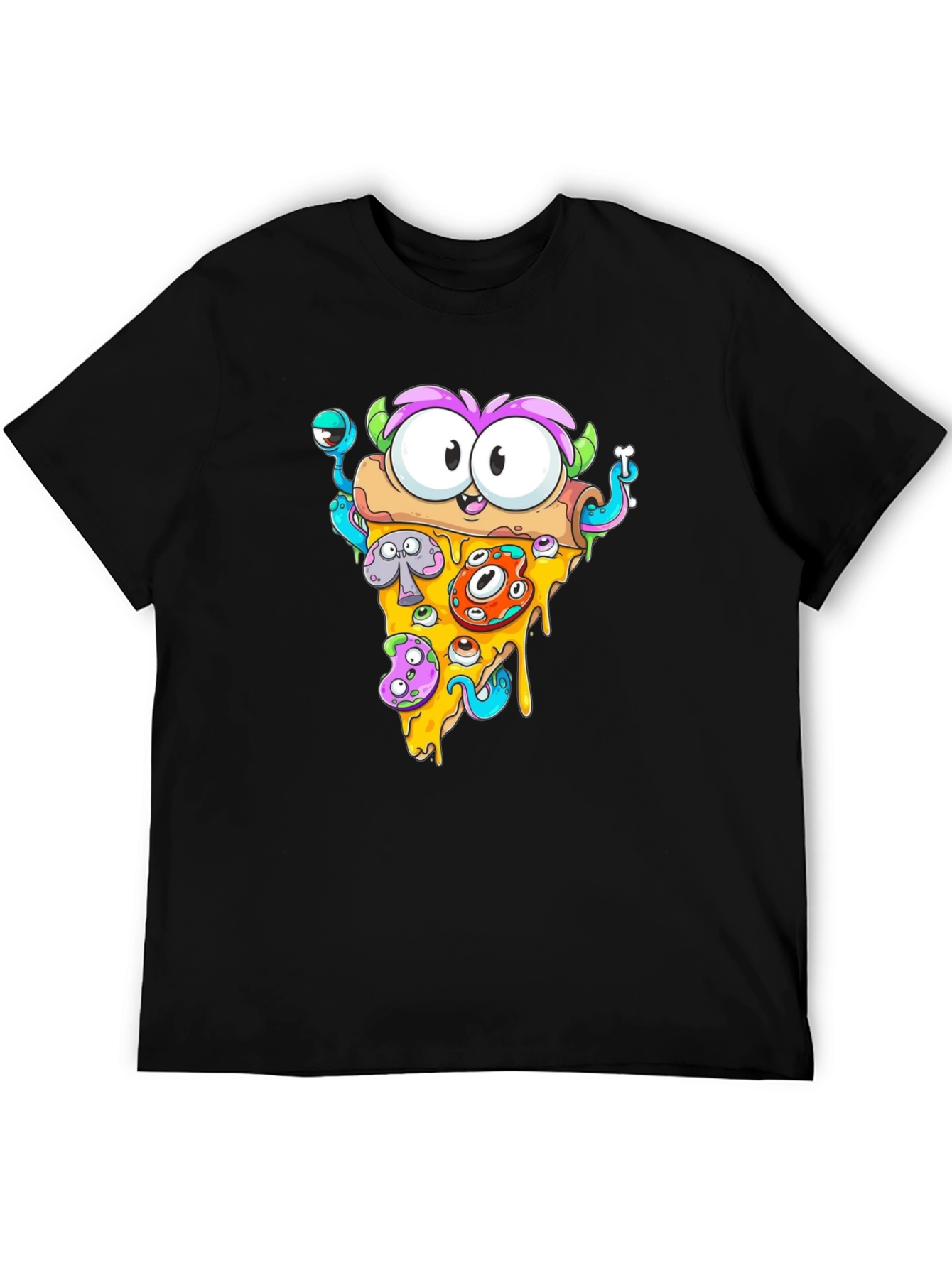 Black Pizza Monster Graphic Tee - Quirky Black T-Shirt view 5