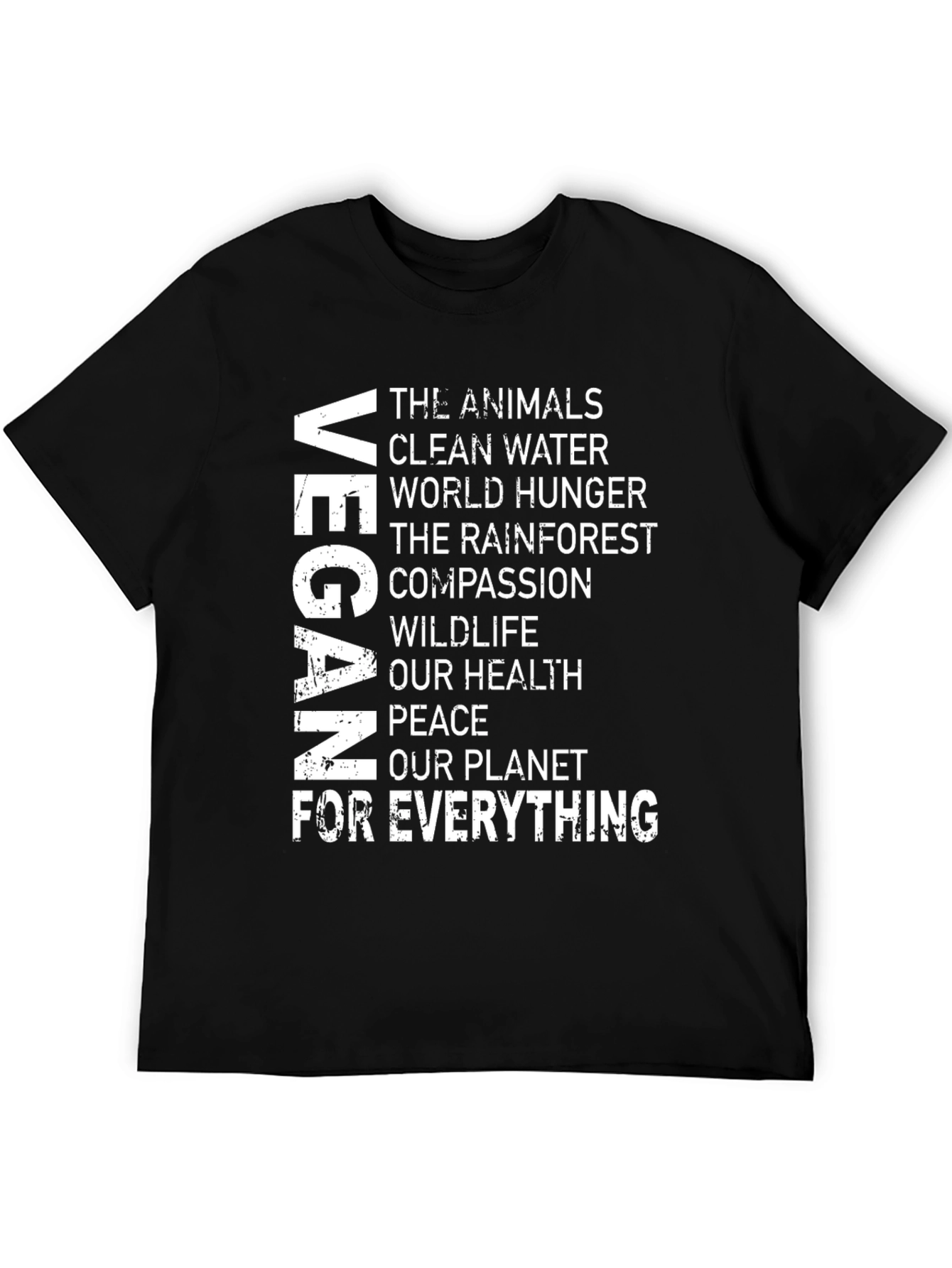 Black Vegan Message T-Shirt: Animals, Water, Hunger, Health, Peace, Planet view 5
