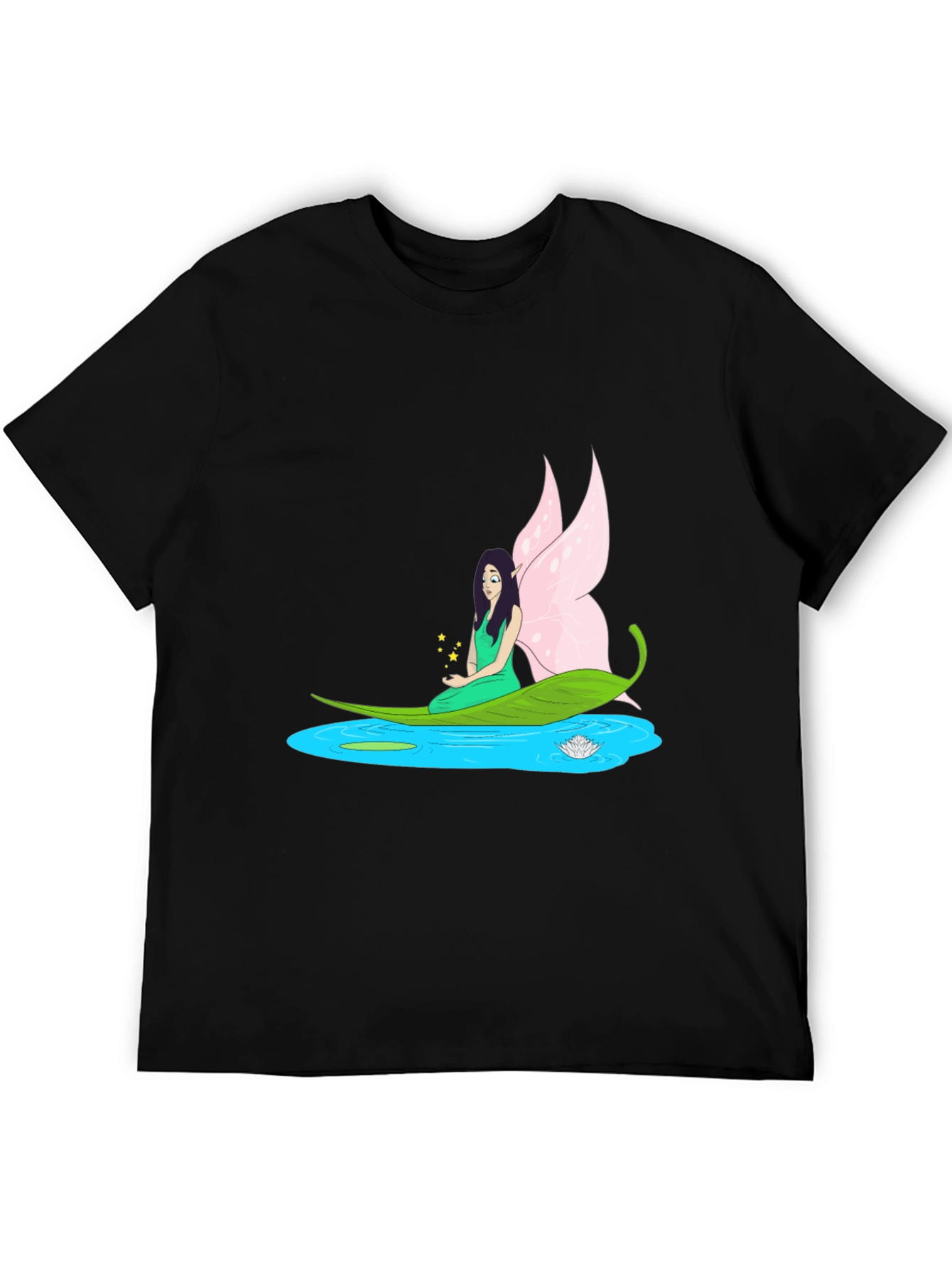 Black Fairy Water Lily Leaf Boat Black T-Shirt view 5