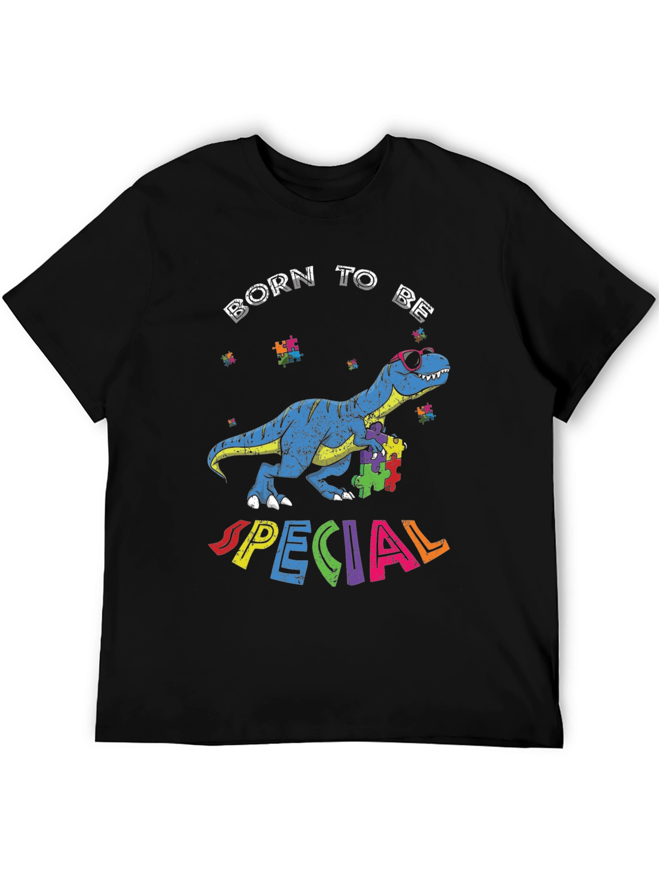 Black Born to Be Special Autism Awareness Dinosaur T-Shirt view 5