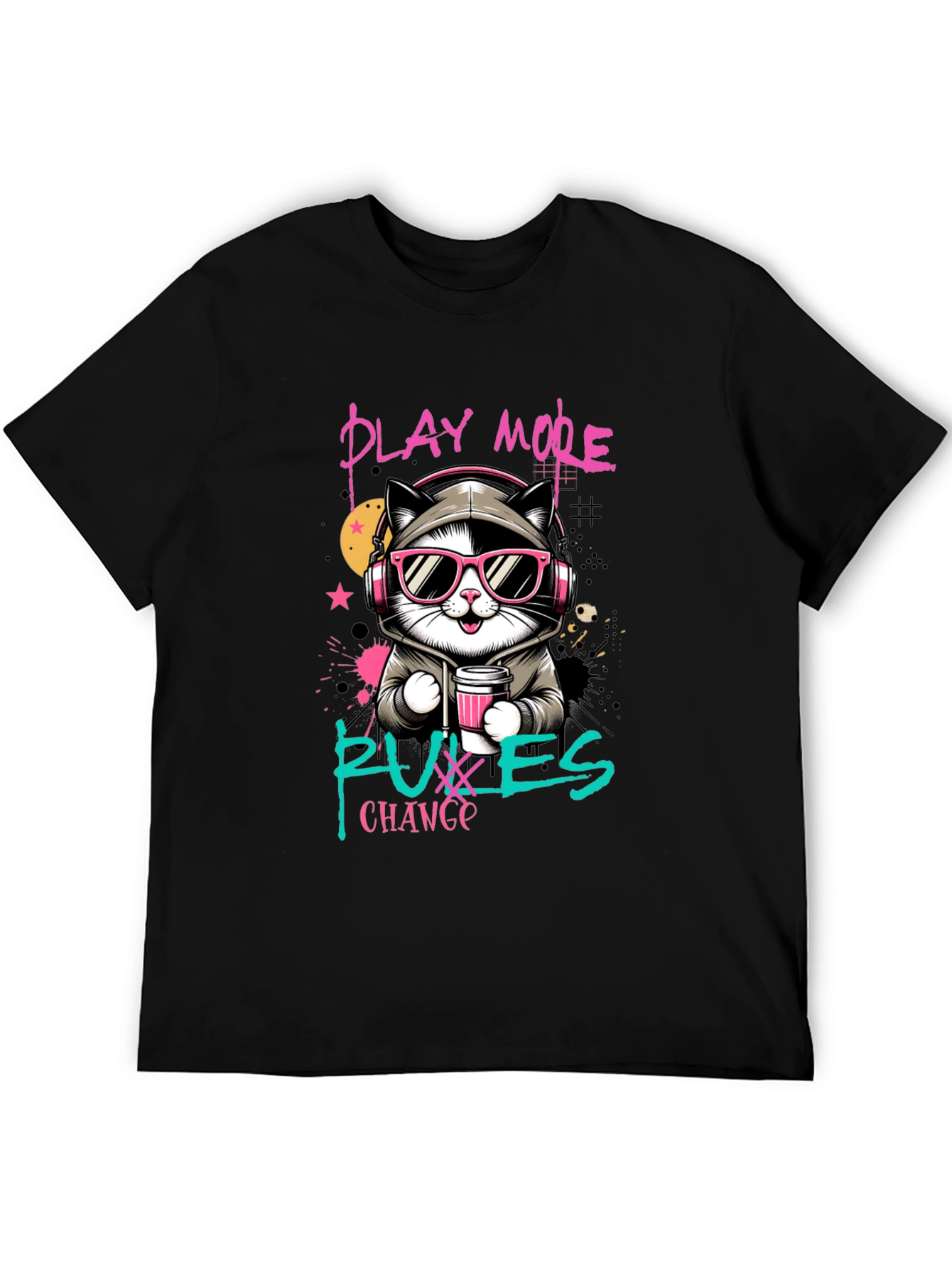 Black Play More, Puxxes Change T-Shirt - Cool Cat Design view 5