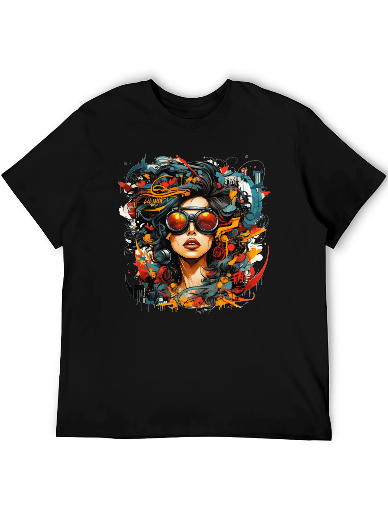 Black Abstract Woman Graphic Tee - Black Cotton T-Shirt view 5