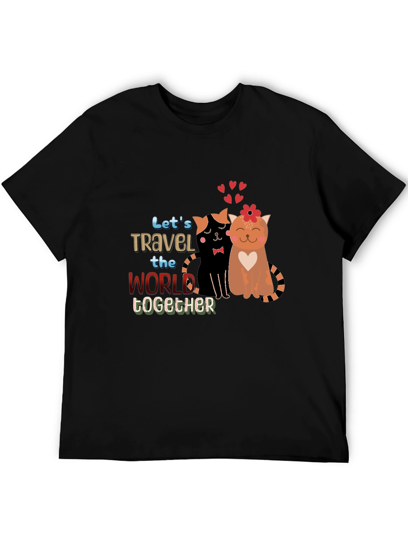 Black Cute Couple Cats Travel Together Graphic Black T-Shirt view 5