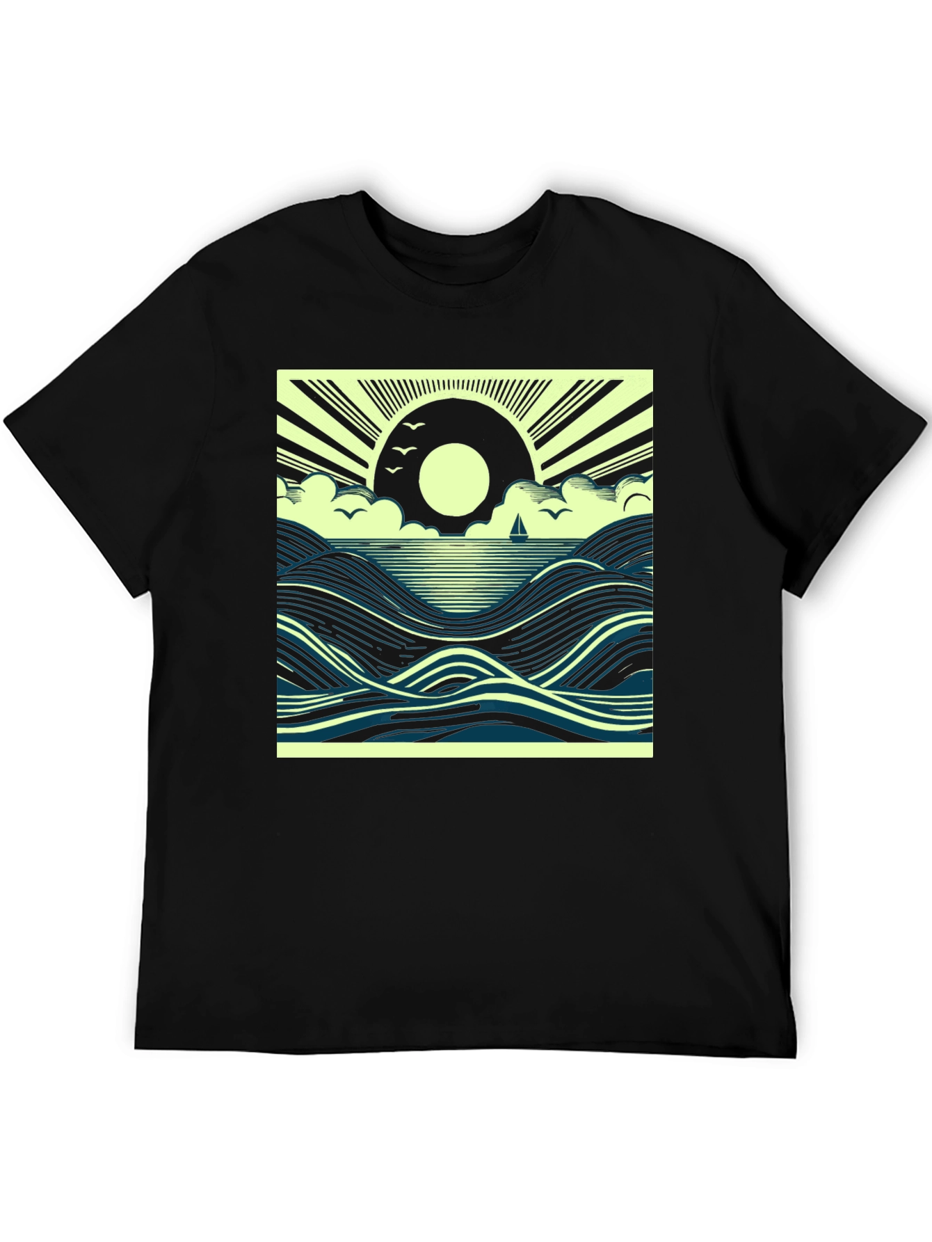 Black Ocean Sunrise Graphic Tee - Black Cotton T-Shirt view 5