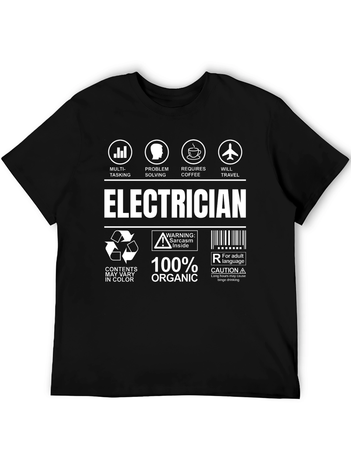 Black Electrician T-Shirt: Multi-Tasking, Coffee, Travel, Sarcasm view 5