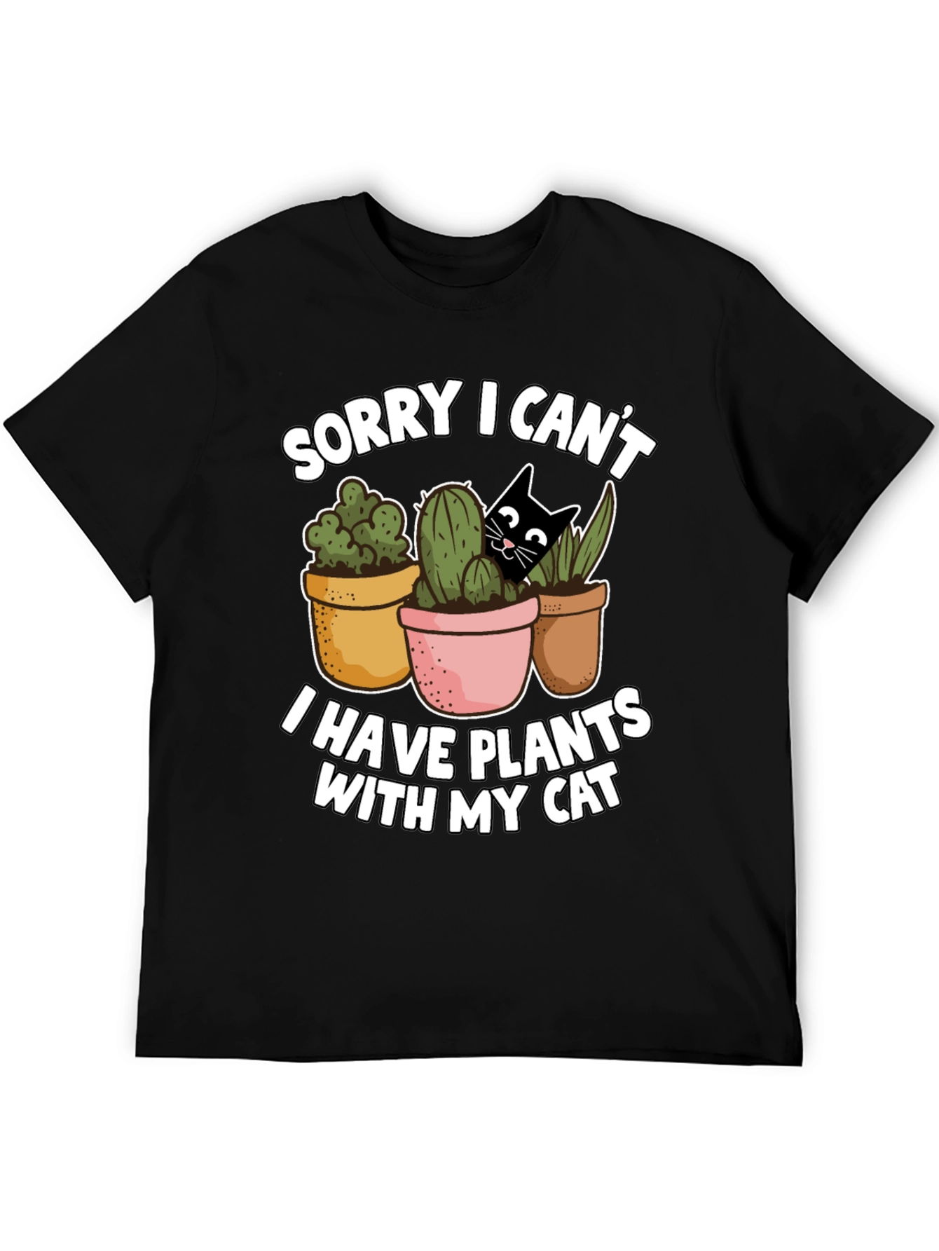Black Funny Plants and Cat Graphic T-Shirt view 5