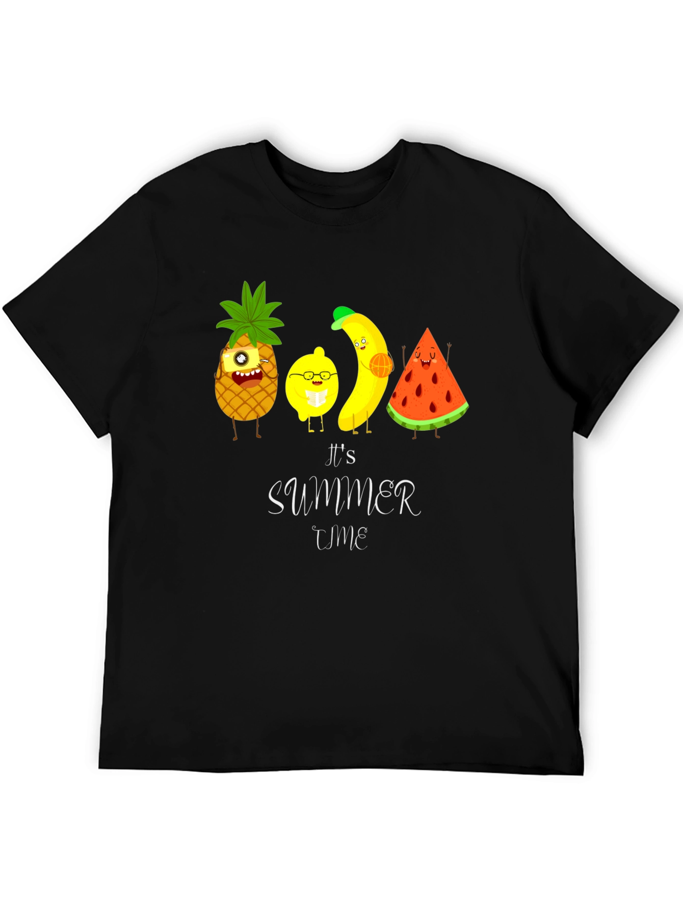 Black It's Summer Time Fruit Cartoon T-Shirt view 5
