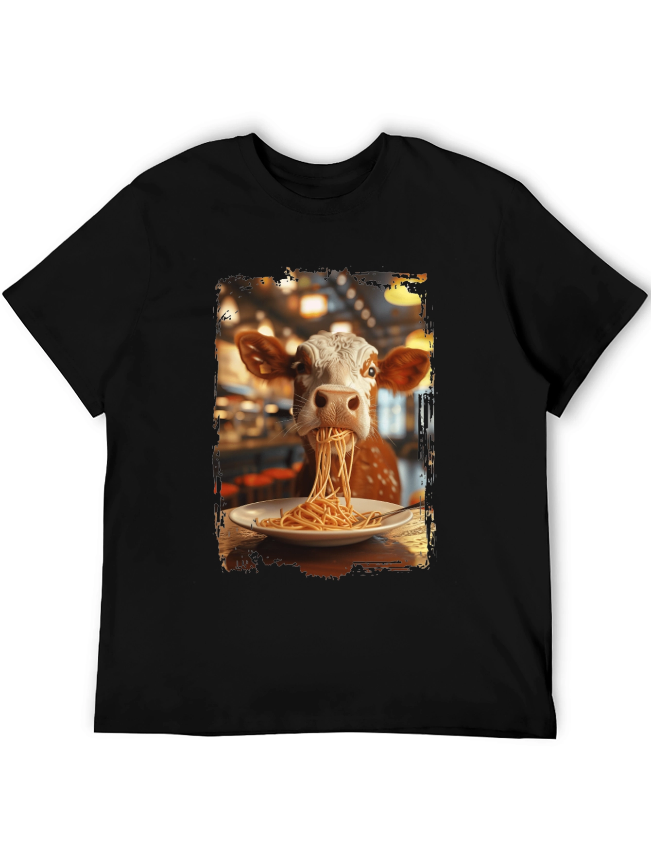 Black Cow Eating Spaghetti Graphic T-Shirt view 5