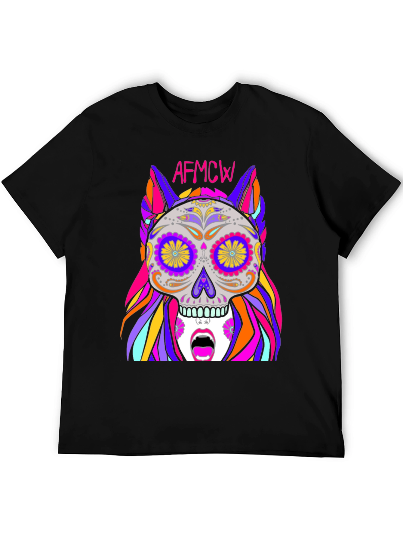 Black Colorful Sugar Skull Graphic Tee - Unique Design view 5