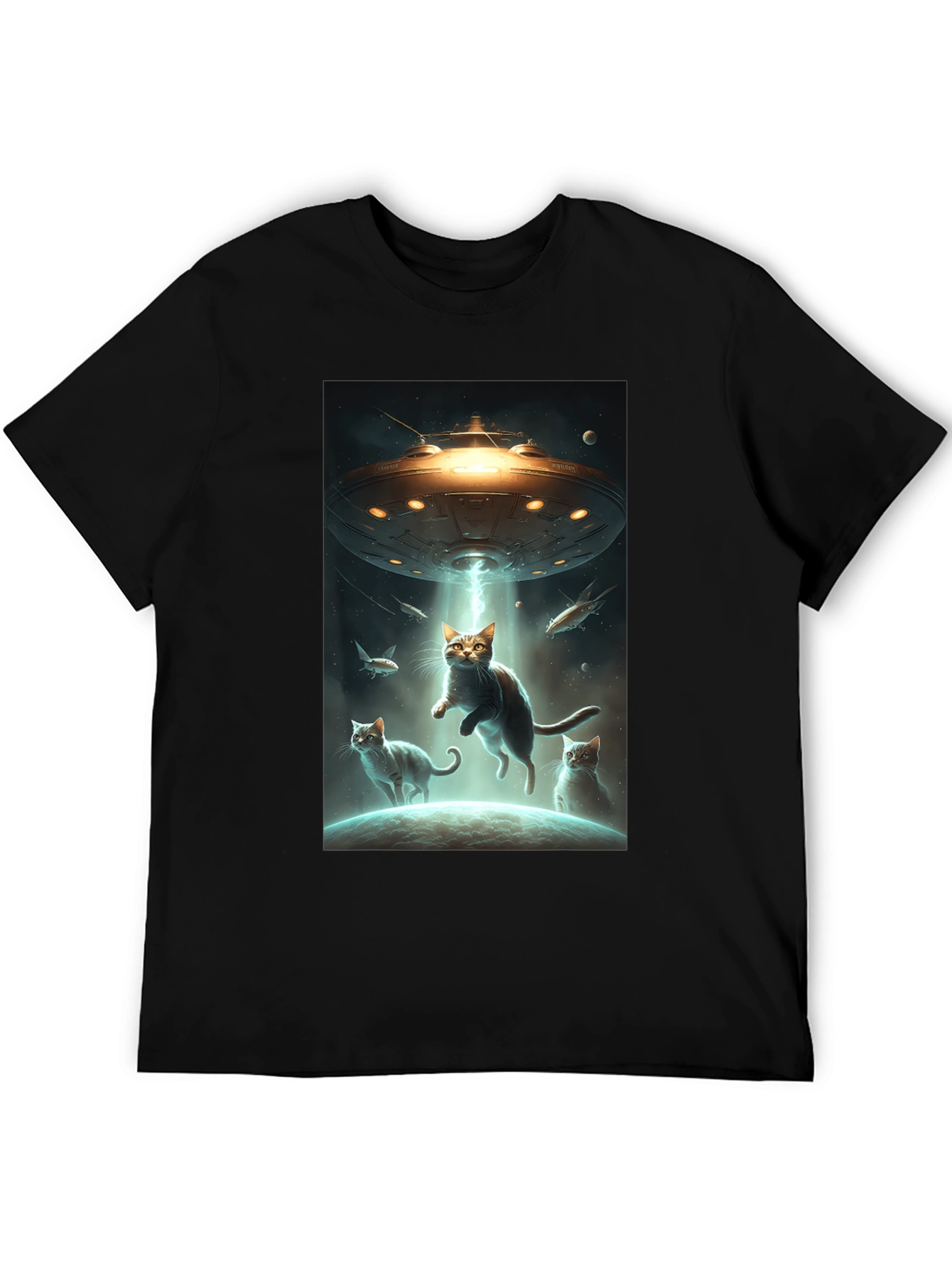 Black Alien Cat Abduction T-Shirt view 5